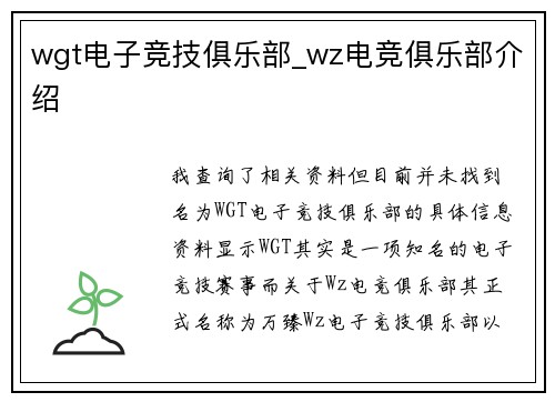 wgt电子竞技俱乐部_wz电竞俱乐部介绍